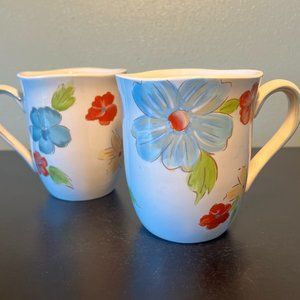 Set of 2 CINDY CRAWFORD STYLE Hand Painted Aqua Flora  Ceramic Mugs